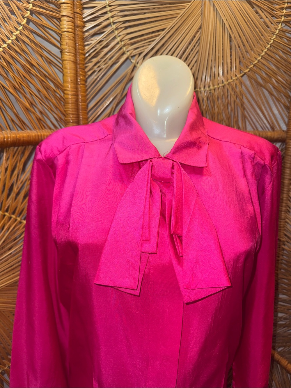 Vintage size 6 hot pink polyester 1980s blouse with tie neck